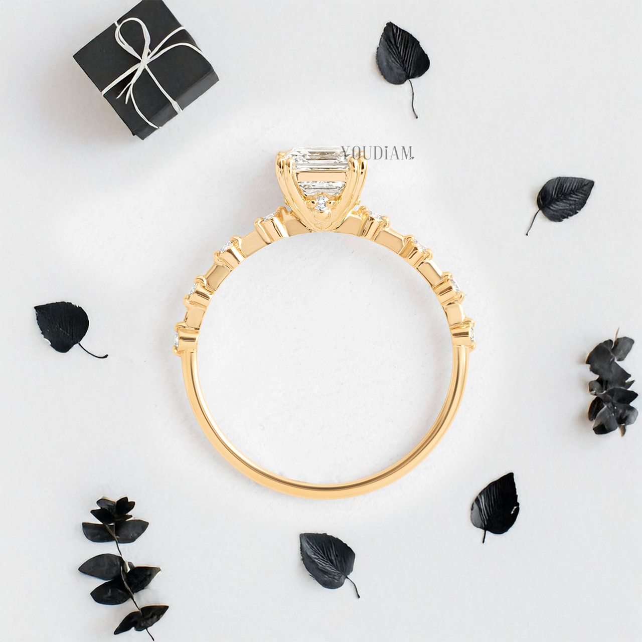 Asscher Lab Diamond in Double-Prongs and Distance Diamonds on Band Ring - YDJLR87