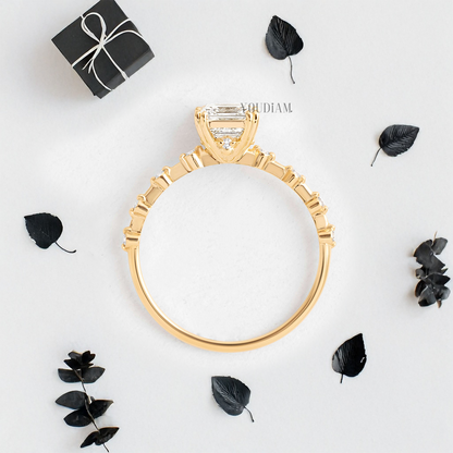 Asscher Lab Diamond in Double-Prongs and Distance Diamonds on Band Ring - YDJLR87