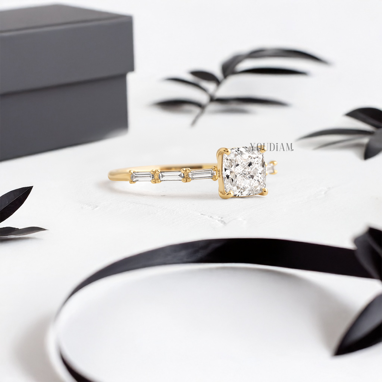 Cushion Lab Diamond Accented by Baguette Diamonds Ring - YDJLR98