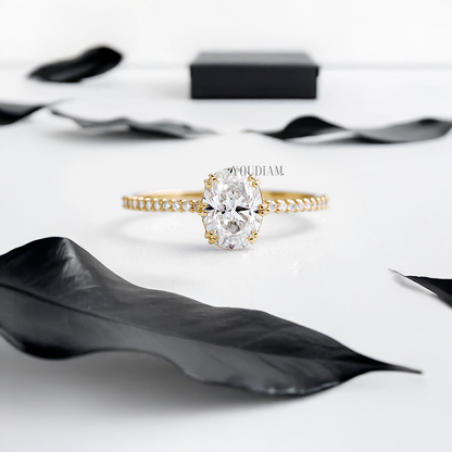 Oval Lab Diamond in Six Double-Prongs with Pave Band Ring - YDJLR30