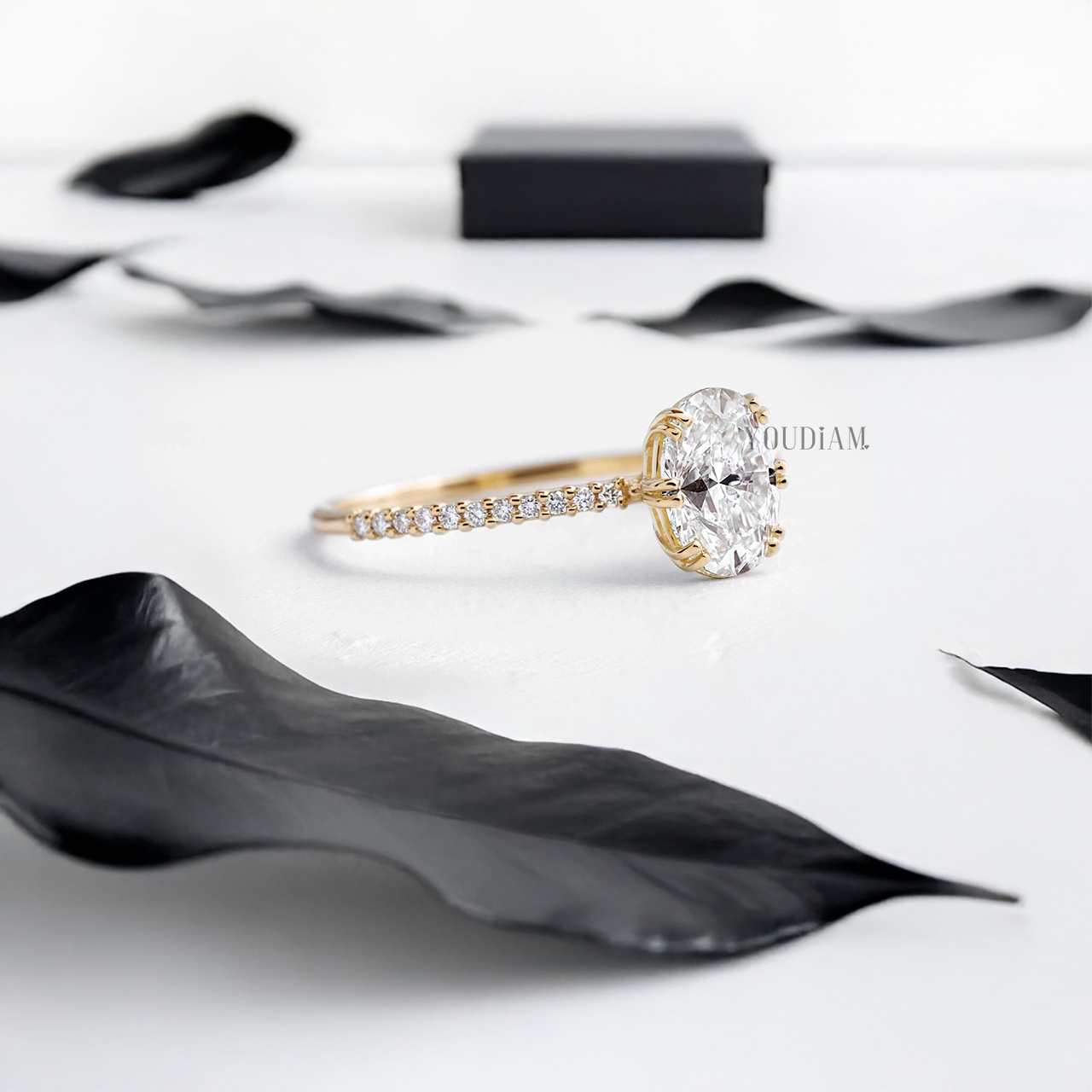 Oval Lab Diamond in Six Double-Prongs with Pave Band Ring - YDJLR30