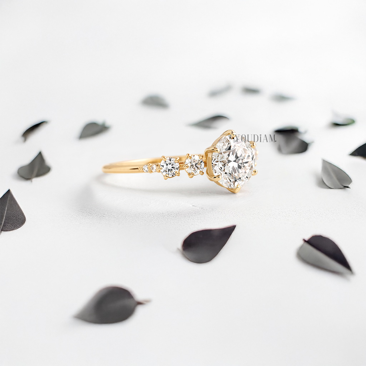 Round Lab Diamond in Six Prongs with Accented Diamond Ring - YDJLR19