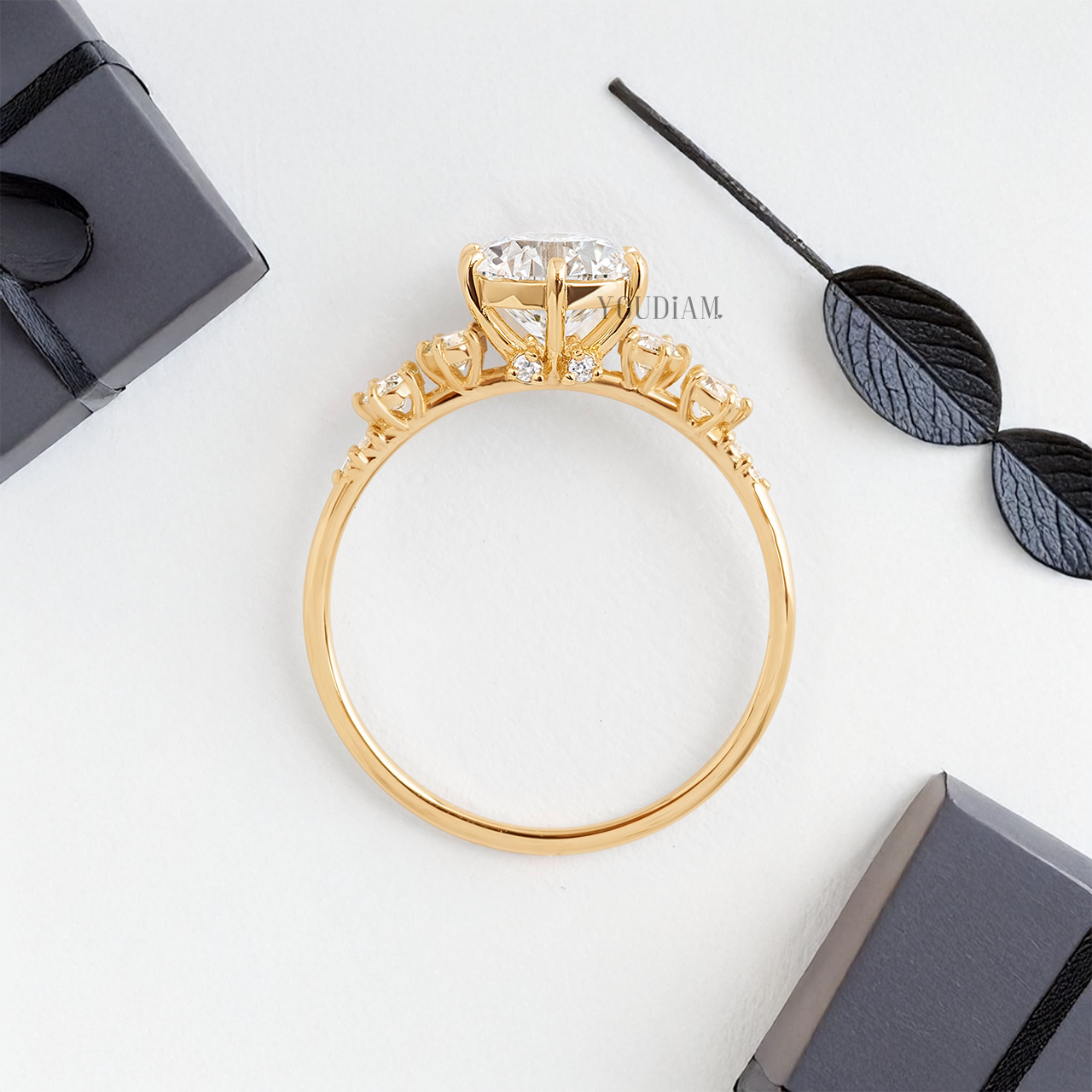 Round Lab Diamond in Six Prongs with Accented Diamond Ring - YDJLR19