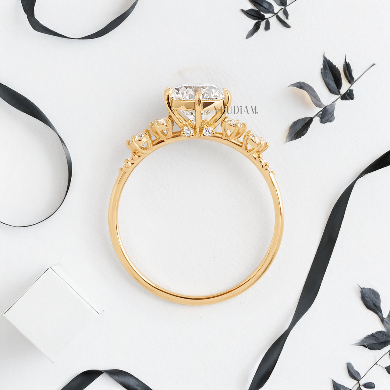 Round Lab Diamond in Six Prongs with Accented Diamond Ring - YDJLR19