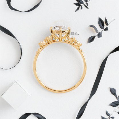 Round Lab Diamond in Six Prongs with Accented Diamond Ring - YDJLR19