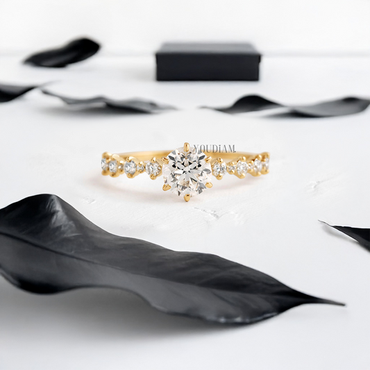 Round Lab Diamond with Alternate 1mm-2mm Diamonds on Band Ring - YDJLR71