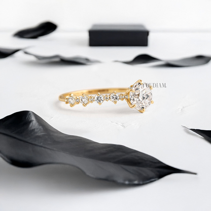 Round Lab Diamond with Alternate 1mm-2mm Diamonds on Band Ring - YDJLR71