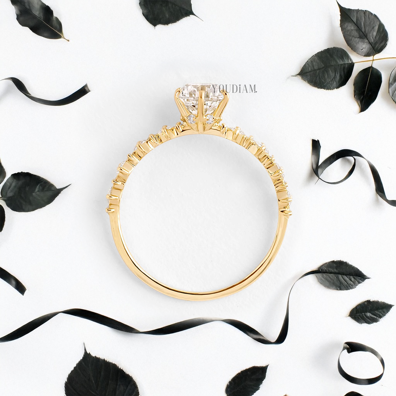 Round Lab Diamond with Alternate 1mm-2mm Diamonds on Band Ring - YDJLR71