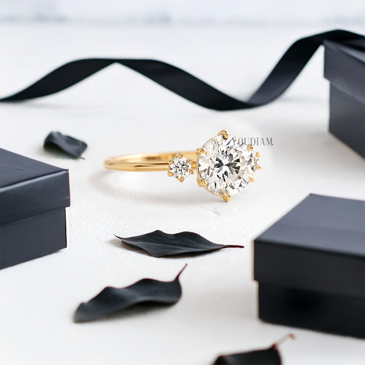 Round Lab Diamond with Two Tiny Stones Ring - YDJLR17