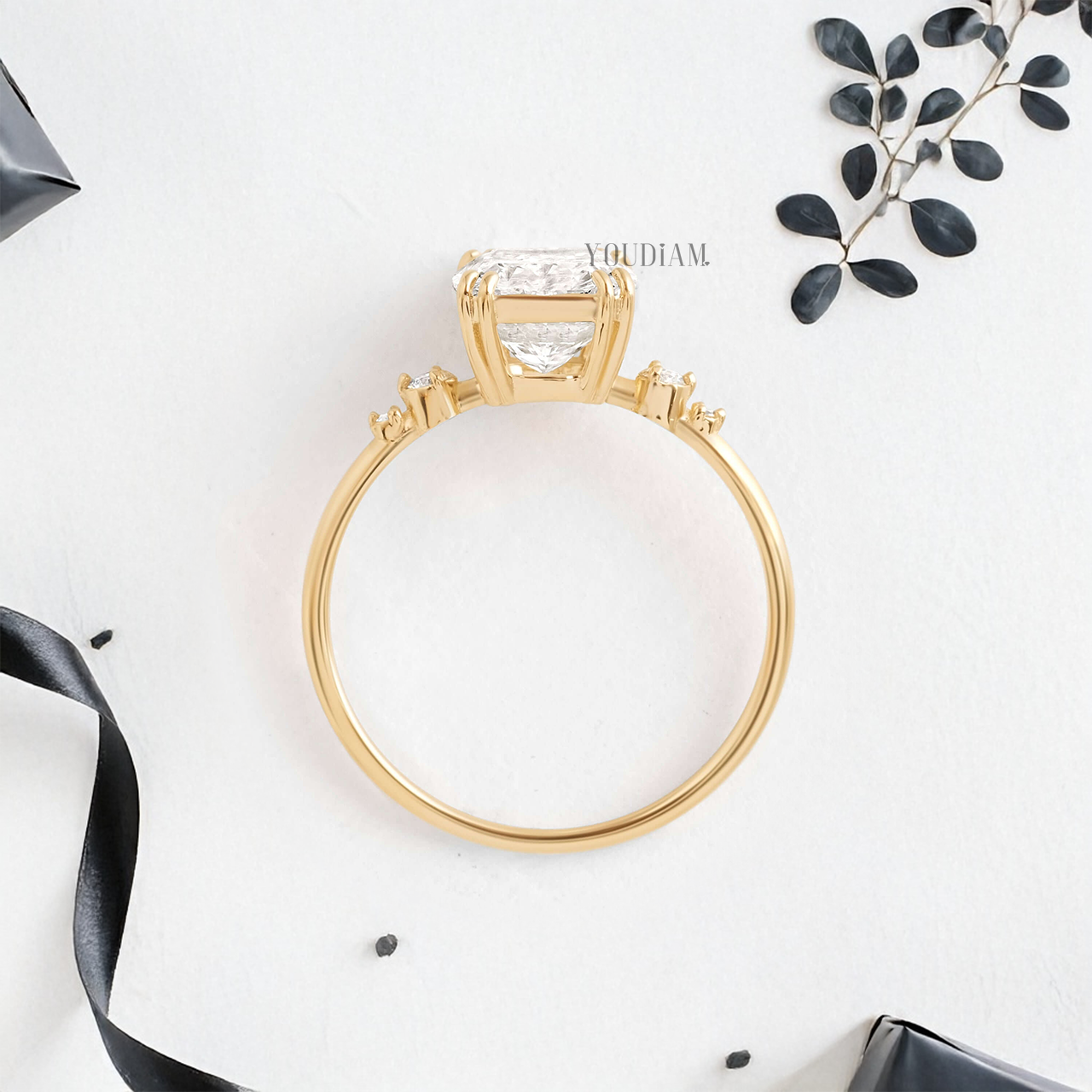 Cushion Lab Diamond with Double-Prongs and Side Diamonds Ring - YDJLR50