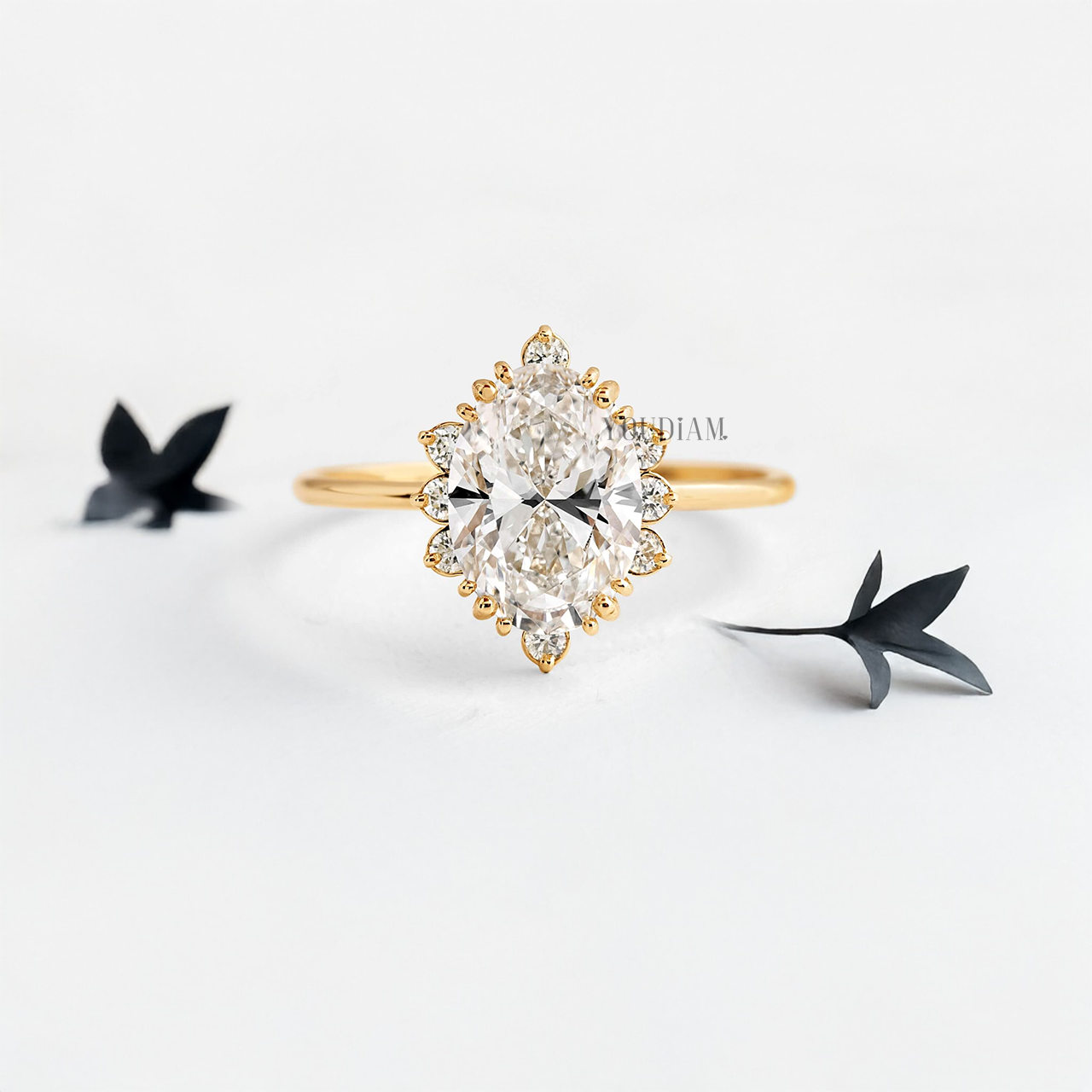 Oval Lab Diamond with Halo and Trio-Prongs Ring - YDJLR09