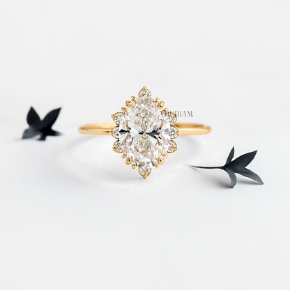 Oval Lab Diamond with Halo and Trio-Prongs Ring - YDJLR09