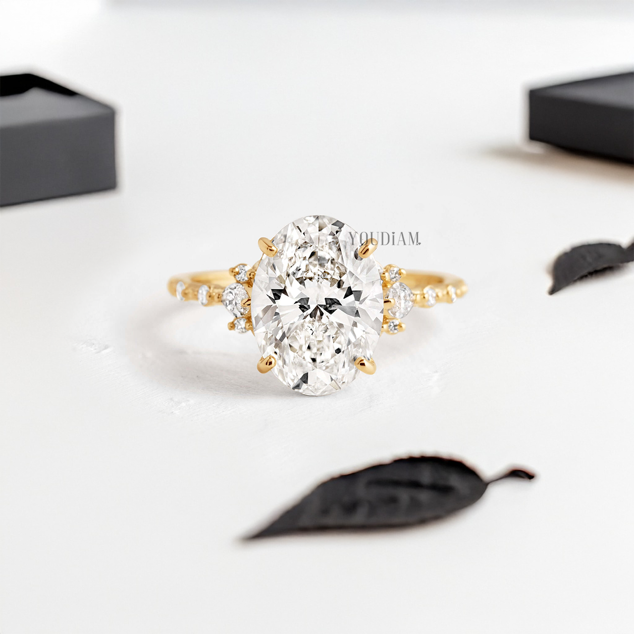 Oval Lab Diamond with Side Marquise Stones and Accent Diamonds Ring - YDJLR62