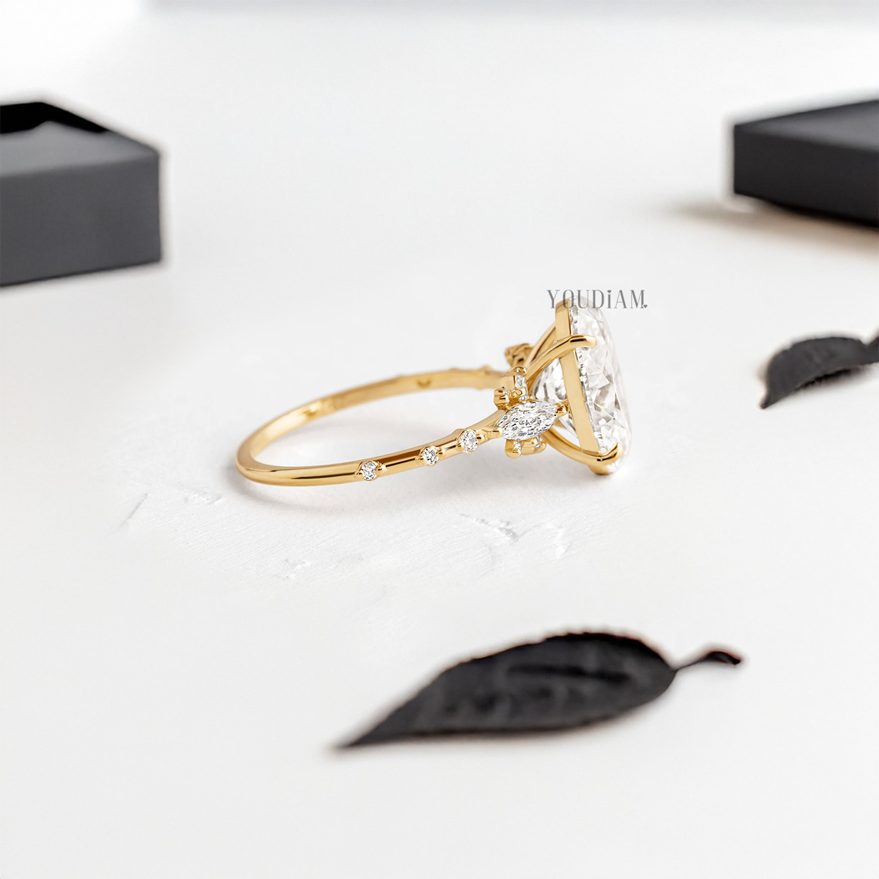 Oval Lab Diamond with Side Marquise Stones and Accent Diamonds Ring - YDJLR62