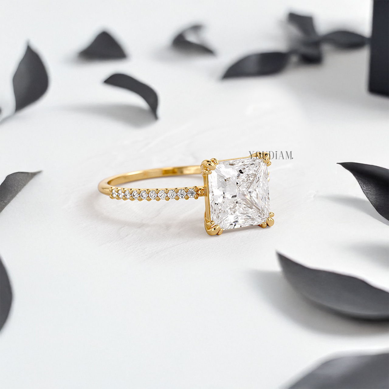 Princess Lab Diamond in Four Double-Prongs with Pave Band Ring - YDJLR44