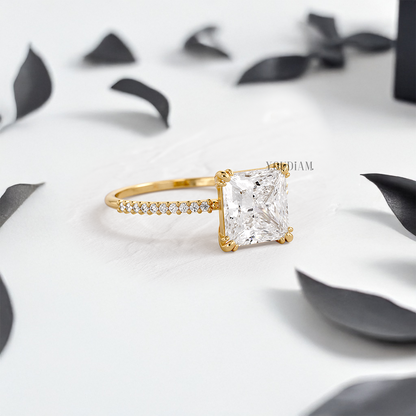 Princess Lab Diamond in Four Double-Prongs with Pave Band Ring - YDJLR44