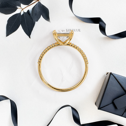 Princess Lab Diamond in Four Double-Prongs with Pave Band Ring - YDJLR44