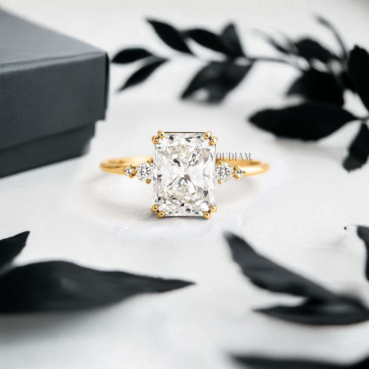 Radiant Lab Diamond with Double-Prongs and Side Diamonds Ring - YDJLR07