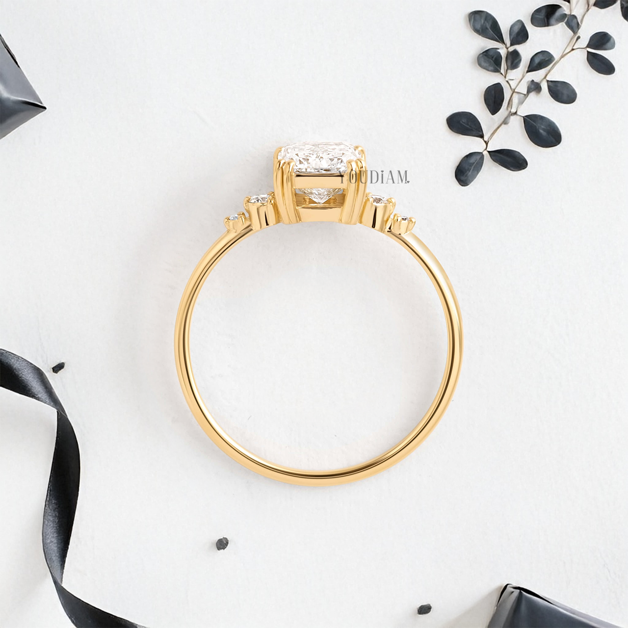 Radiant Lab Diamond with Double-Prongs and Side Diamonds Ring - YDJLR07