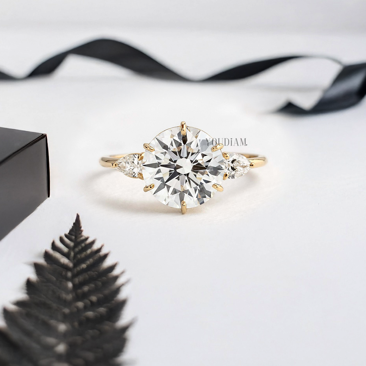 Round Lab Diamond in Six Prongs and Two Side Stones Ring - YDJLR55