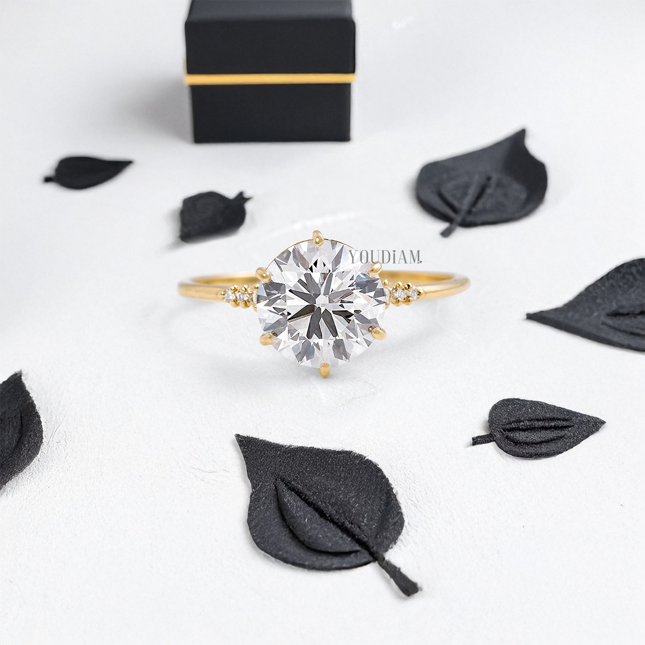 Round Lab Diamond in Six Prongs with Six Accented Diamond Ring - YDJLR13