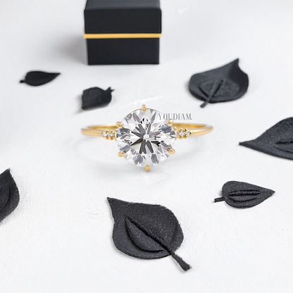 Round Lab Diamond in Six Prongs with Six Accented Diamond Ring - YDJLR13