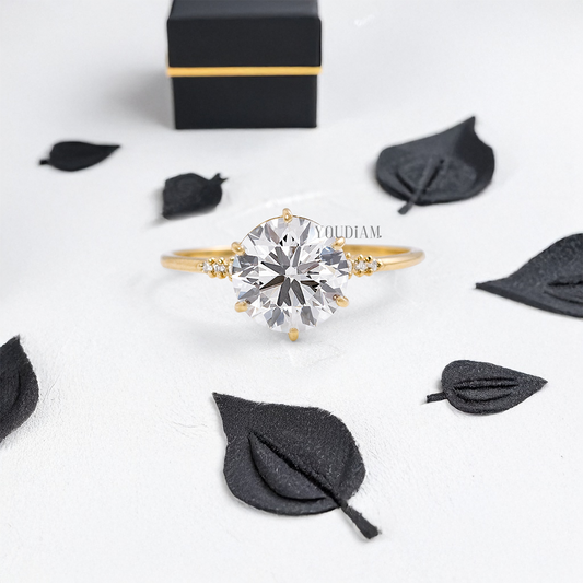 Round Lab Diamond in Six Prongs with Six Accented Diamond Ring - YDJLR13