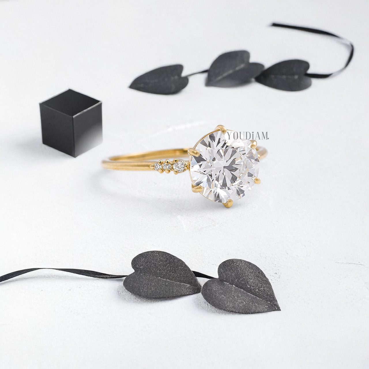 Round Lab Diamond in Six Prongs with Six Accented Diamond Ring - YDJLR13