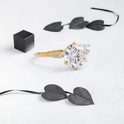 Round Lab Diamond in Six Prongs with Six Accented Diamond Ring - YDJLR13