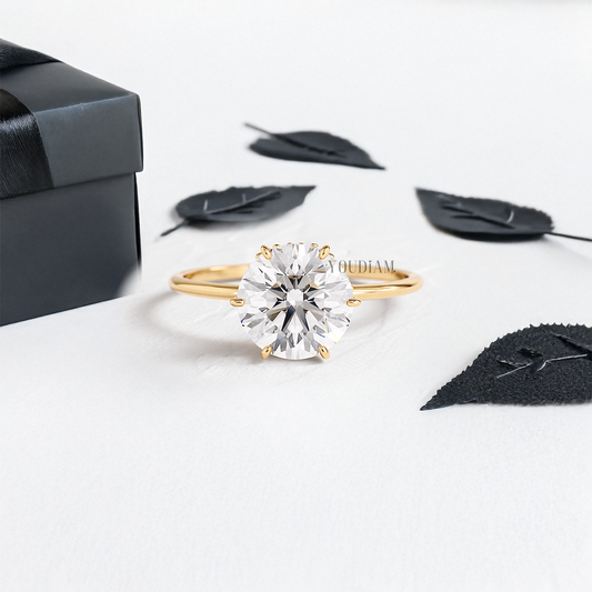 Round Lab Diamond in Six Prongs with Hidden Halo Ring - YDJLR08