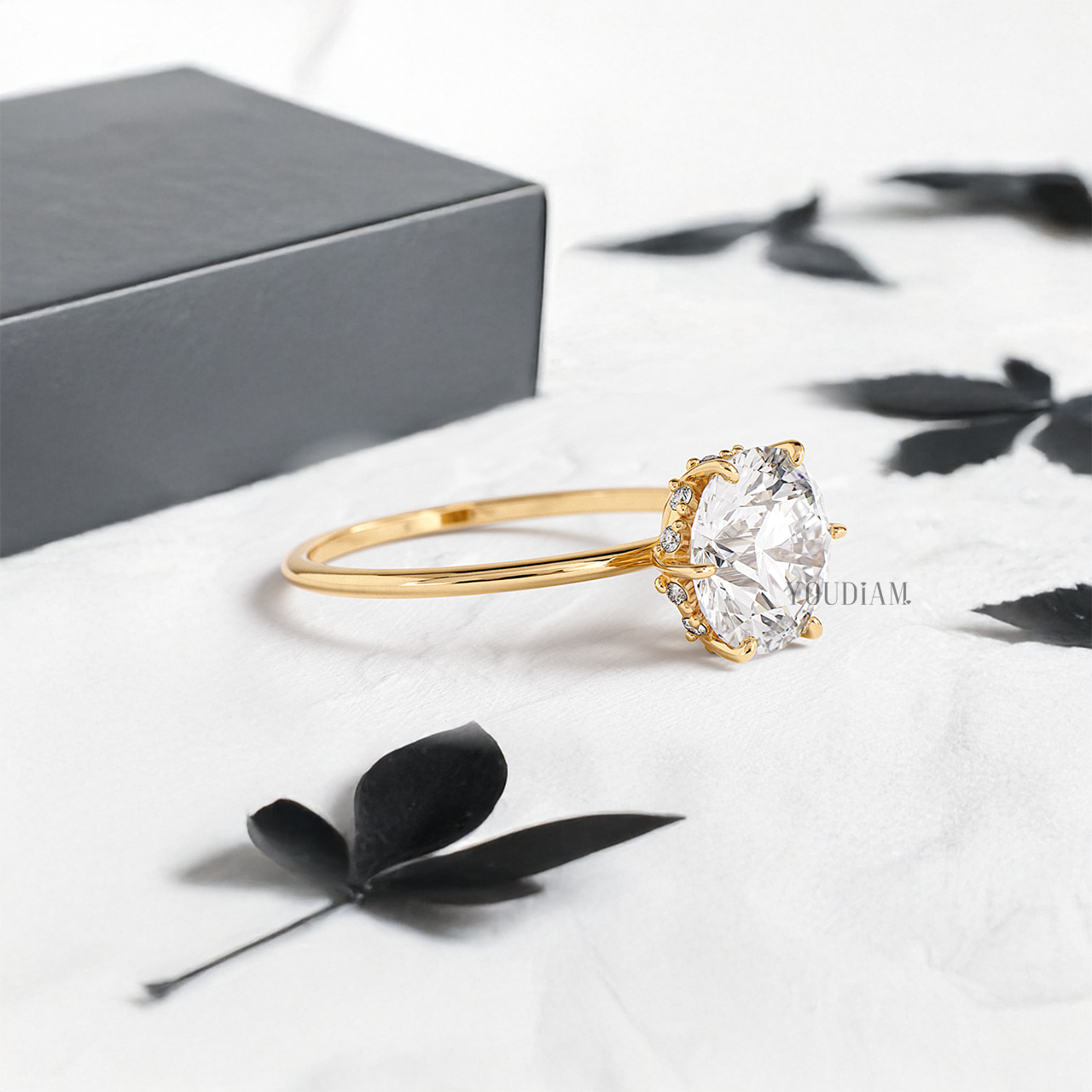 Round Lab Diamond in Six Prongs with Hidden Halo Ring - YDJLR08