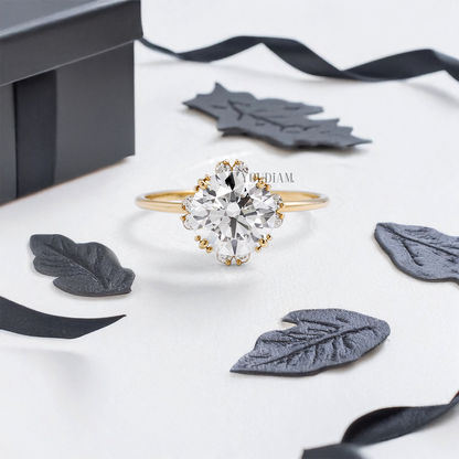 Round Lab Diamond with Halo and Trio-Prongs Ring - YDJLR21