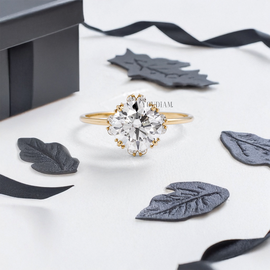 Round Lab Diamond with Halo and Trio-Prongs Ring - YDJLR21