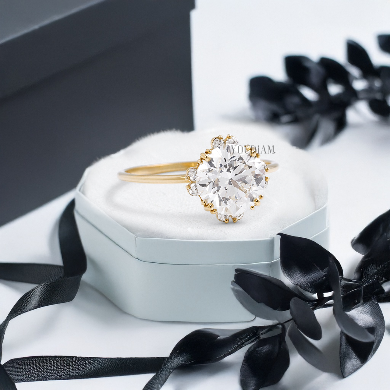 Round Lab Diamond with Halo and Trio-Prongs Ring - YDJLR21