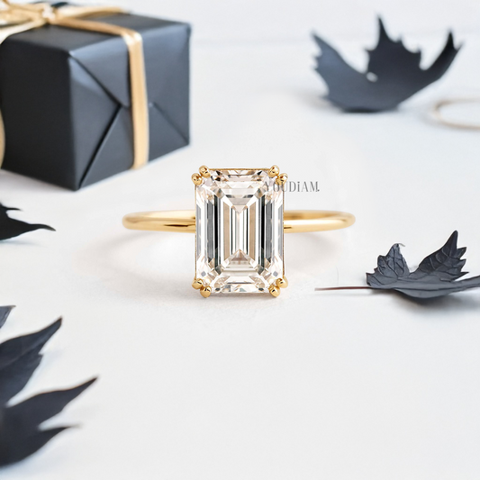 Emerald Lab Diamond in Four Double-Prongs Ring - YDJLR32