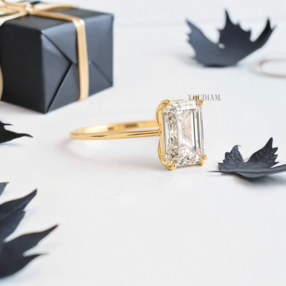 Emerald Lab Diamond in Four Double-Prongs Ring - YDJLR32