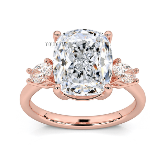 6CT Cushion Cut Lab Diamond Ring with Two Pear Stones in Side - UDJLR41