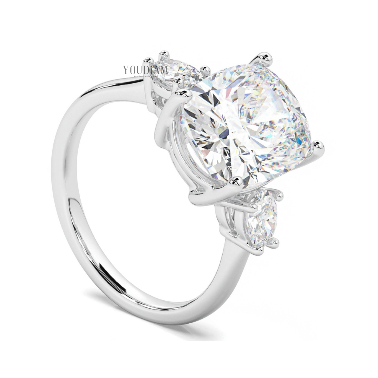 6CT Cushion Cut Lab Diamond Ring with Two Pear Stones in Side - UDJLR41