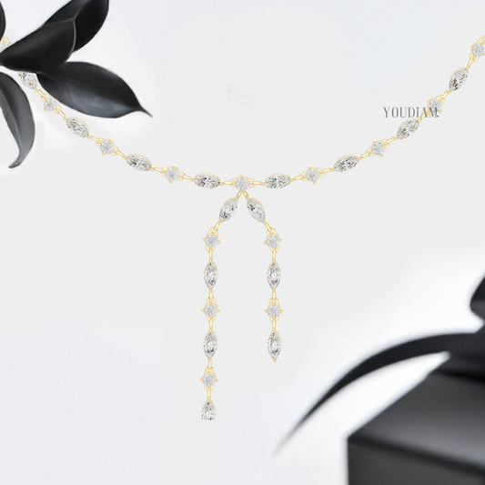 Alternating Marquise and Round Lab Diamond Tennis Necklace with Dual Drops - YDJLN05
