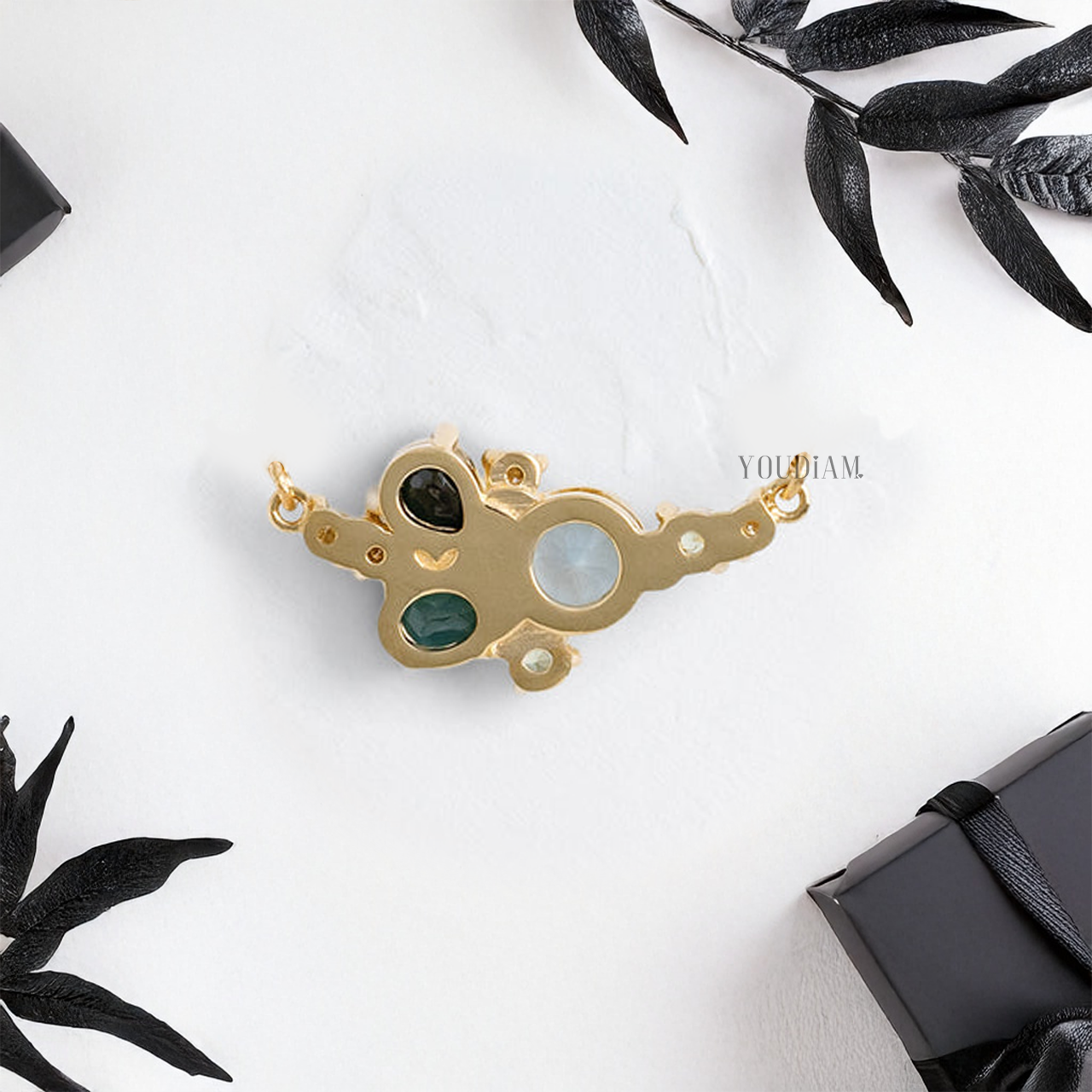 Aquarium Inspired Pendant with Mix Cut Color Gemstones and Anchor Chain - YDJLP10