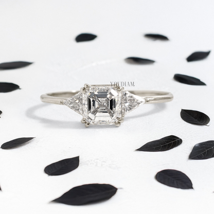 Asscher Lab Diamond in Double-Prongs and with Two Trillions Ring - YDJLR113