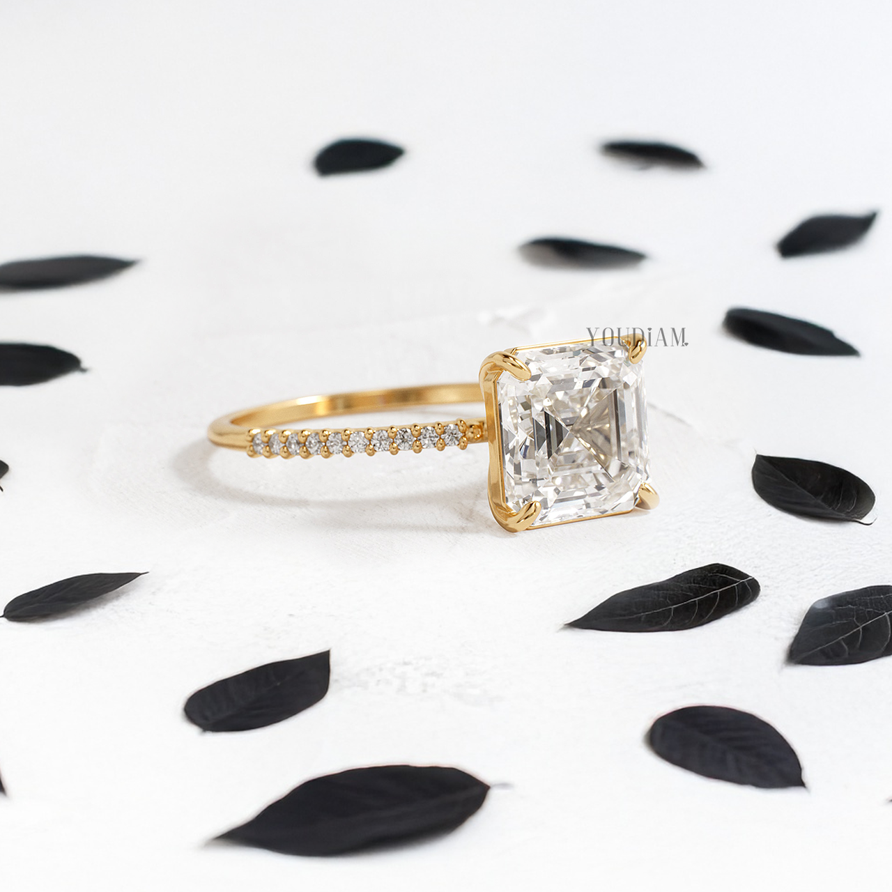 Asscher Lab Diamond with Pave Band Ring - YDJLR120