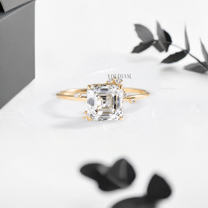 Asscher Lab Diamond with Scattered Accent Diamonds Ring - YDJLR137