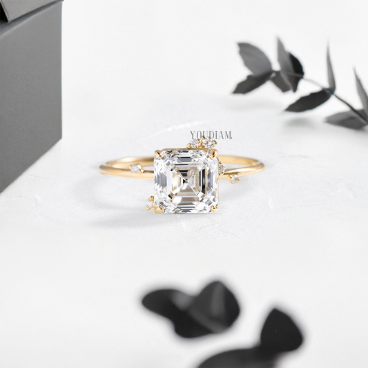 Asscher Lab Diamond with Scattered Accent Diamonds Ring - YDJLR137