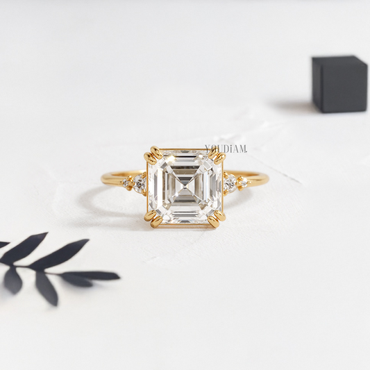 Asscher Lab Diamond with Side Diamonds Ring - YDJLR119