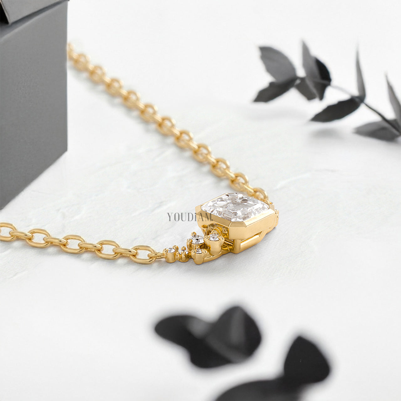 Asscher Lab Diamond Pendant in Bezel Setting with Accent Diamonds and Anchor Chain - YDJLP39