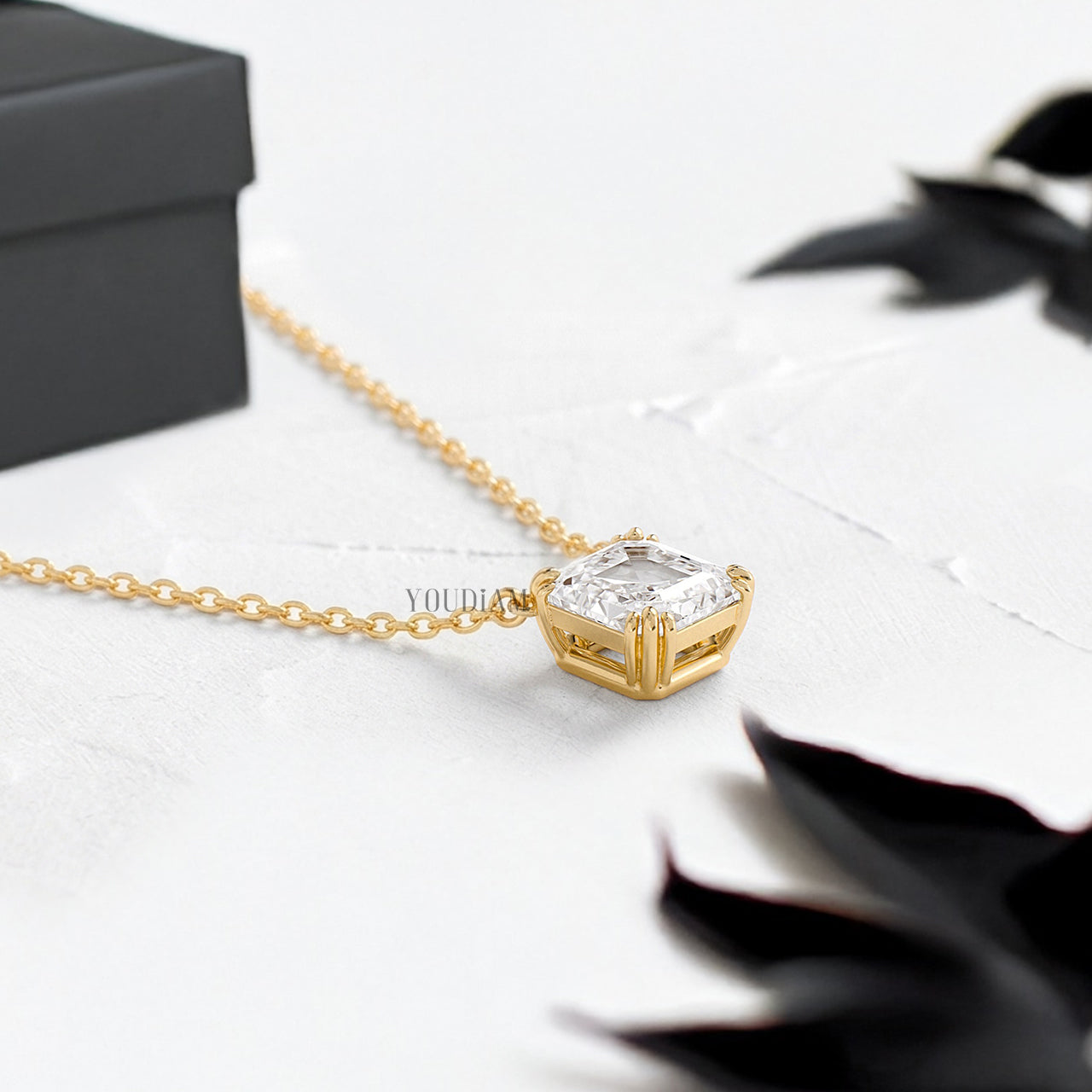 Asscher Lab Diamond Solitaire Pendant in Trio Prongs and Anchor Chain - YDJLP52