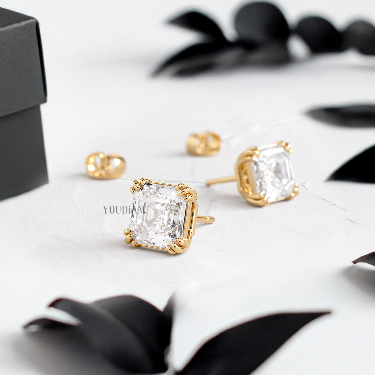 Asscher Lab Diamond Studs in Trio-Prongs - YDJLE31