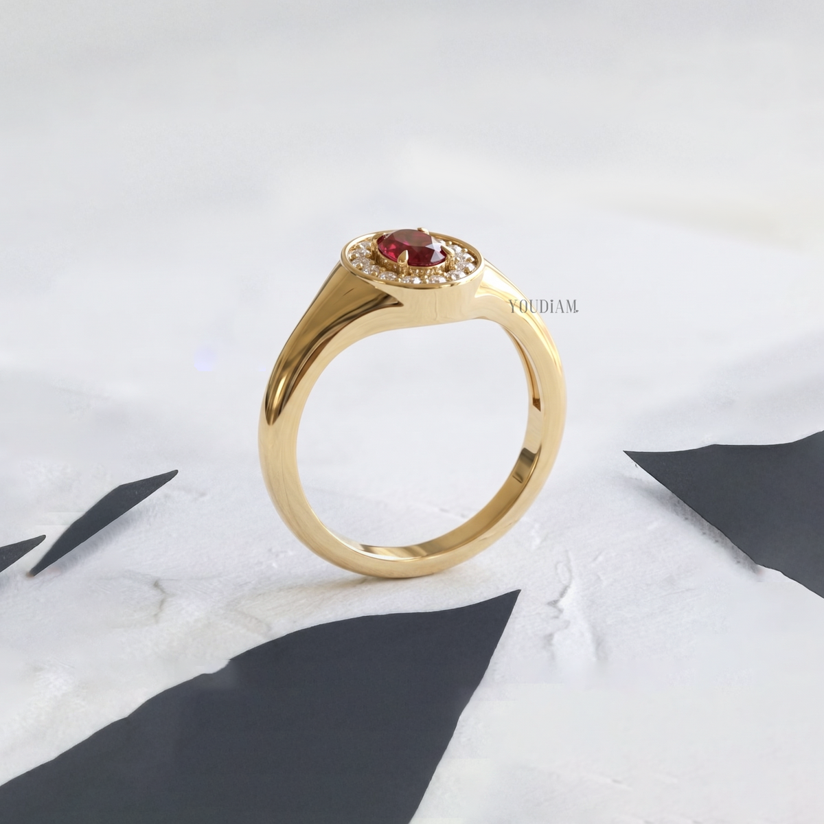 Blood Red Ruby with Halo Diamonds in Bezel Setting Ring - YDCJR05