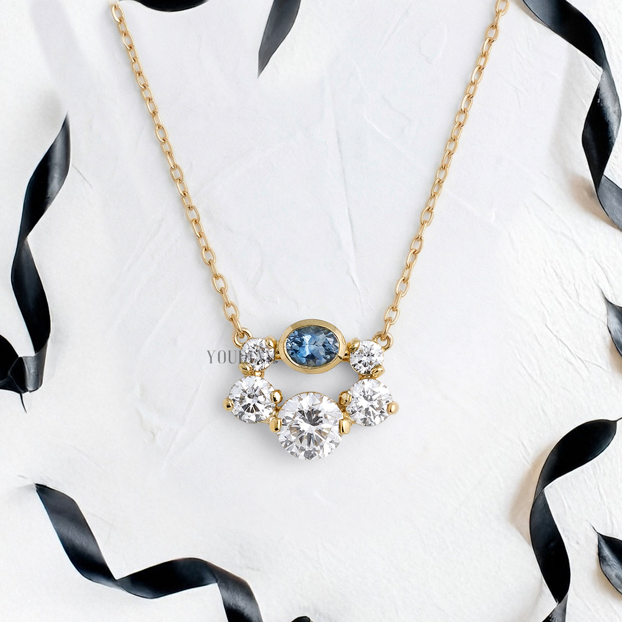 Blue Sapphire with Five Lab Diamonds Pendant and Anchor Chain - YDJLP71
